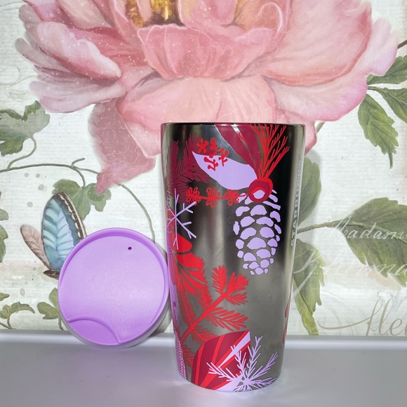 Starbucks Holiday Silver Red Pine Cones Travel Mug